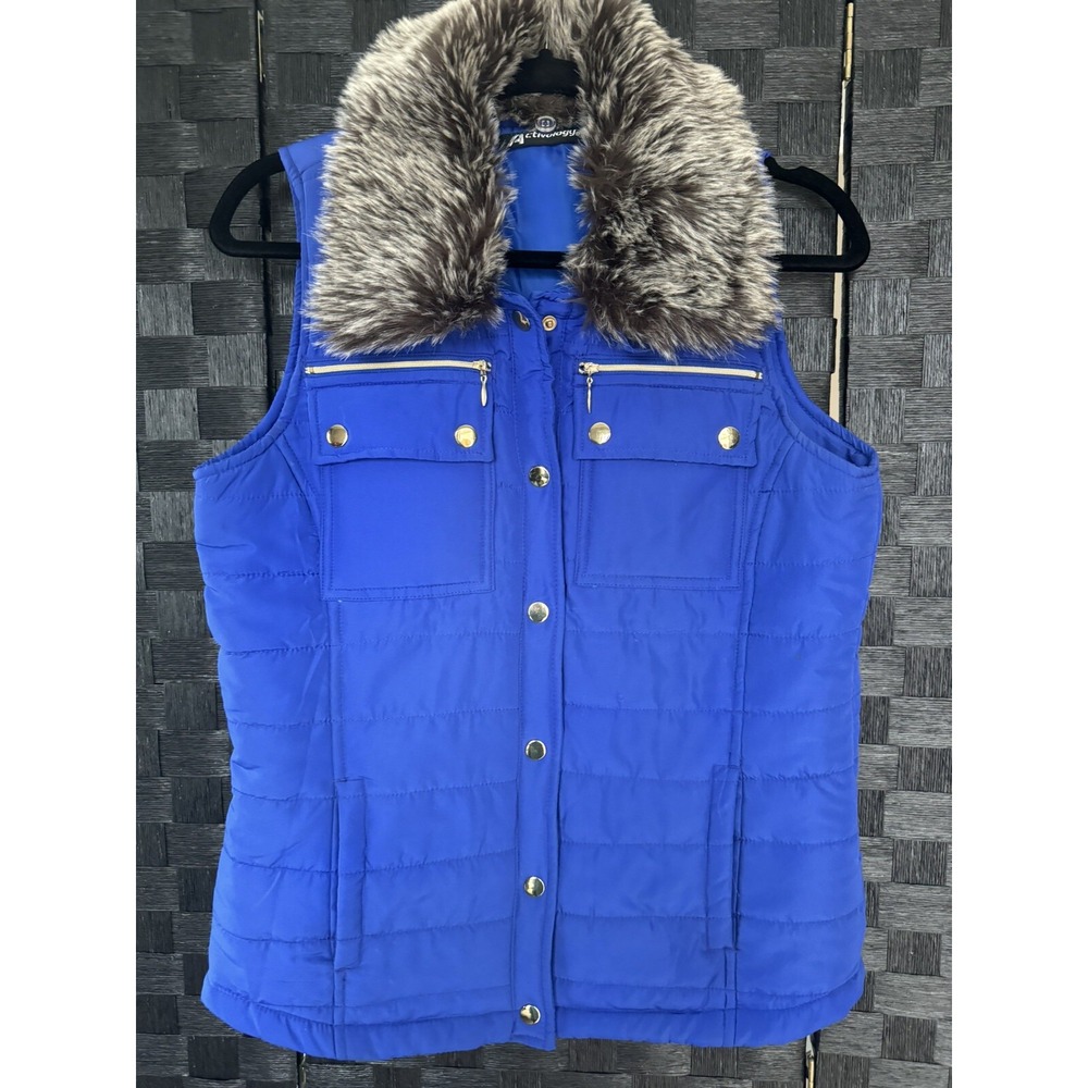 Activology Women's Puffer Vest Size Small With Detachable Fur Pockets Blue